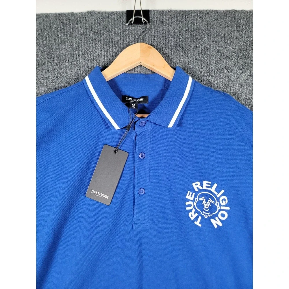 True Religion Polo Shirt Mens Large Blue Embroidered Rugby Relaxed Fit NWT $80